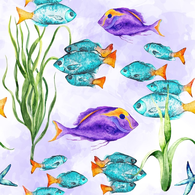 Watercolor fish seamless patternTropical fishes seaweed on white background