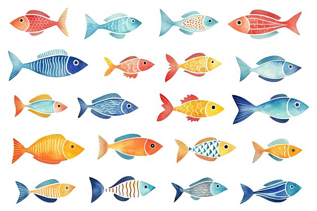 Photo watercolor fishes isolated sketched fish flock doodle fish set on white background