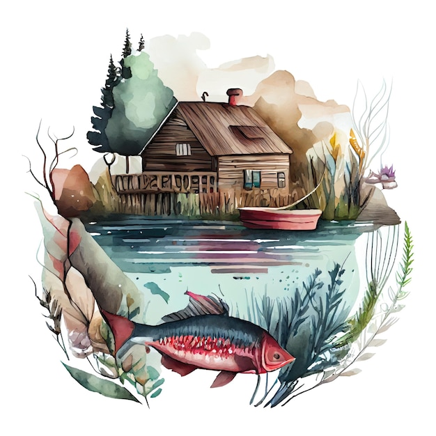 Photo watercolor fishing lodge house on the lake illustration generative ai