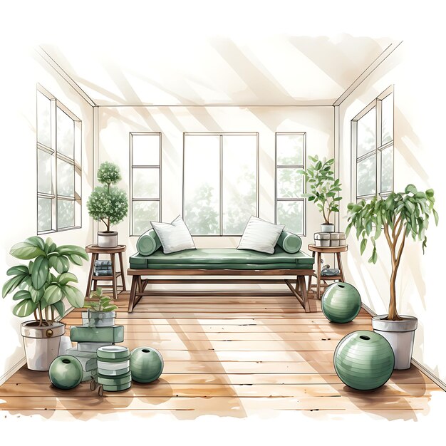 Watercolor Fitness Instructor Room With Yoga Mats Exercise Balls Motiva Clipart on White BG Ink