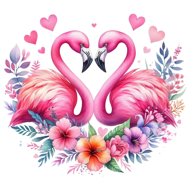 Photo watercolor flamingo valentine and flowers