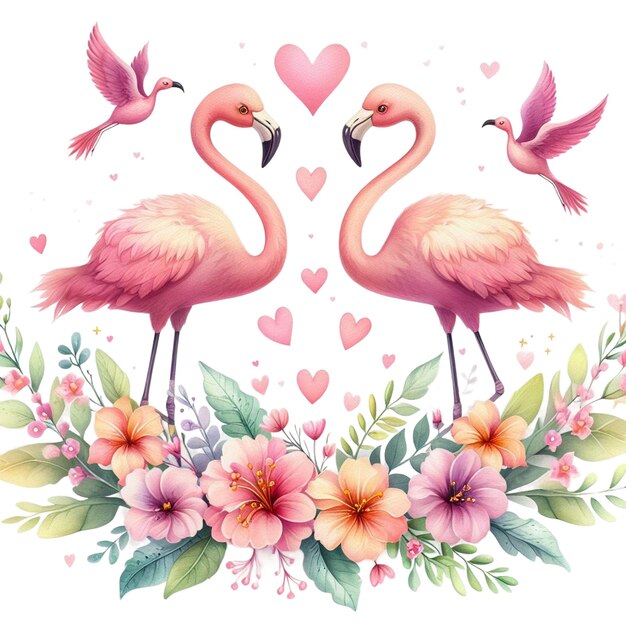 Photo watercolor flamingo valentine and flowers