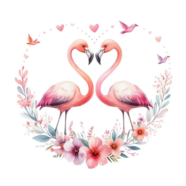 Photo watercolor flamingo valentine and flowers