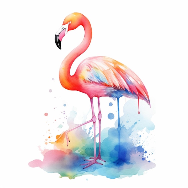 Акварельный фламинго с розовым телом и голубыми перьями.