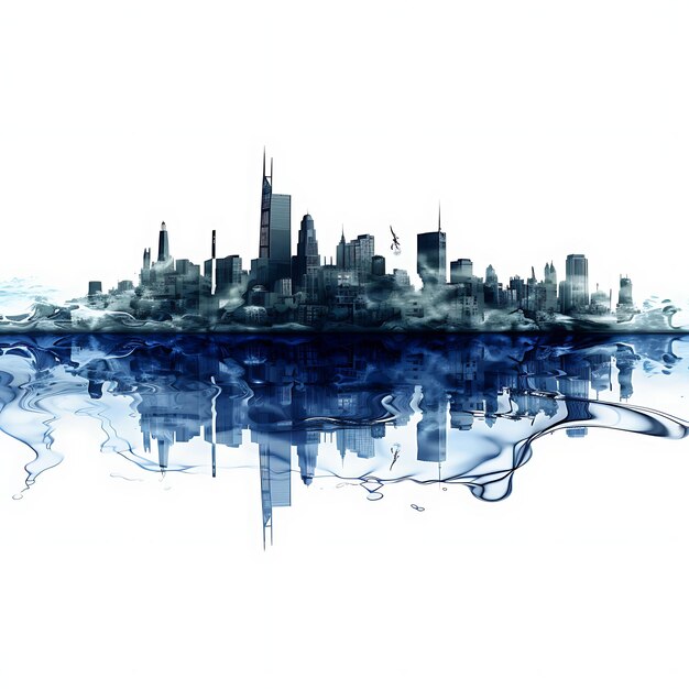 Watercolor of Flooded Cities Buildings and Reflections Blues and Cityscape 2D Design Clipart Flat