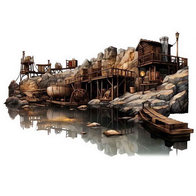 Photo watercolor of flooded mines carts and rails dark browns and blacks inkblot 2d design clipart flat