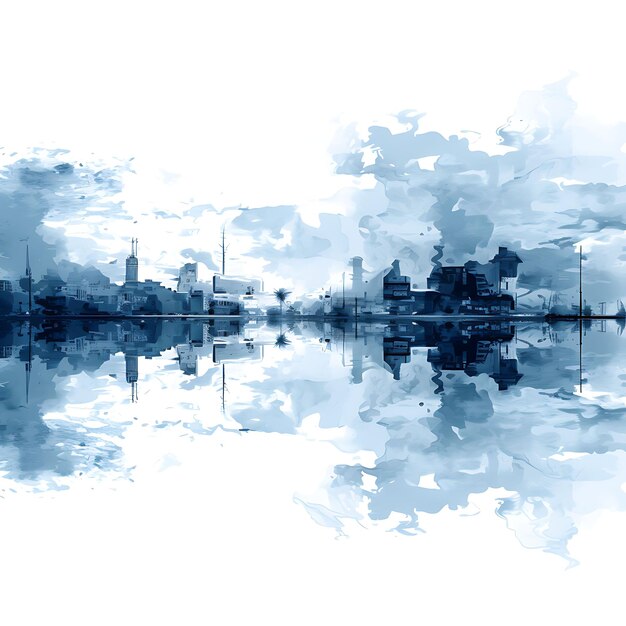 Photo watercolor of flooded streets water reflections and floating debris blues 2d design clipart flat