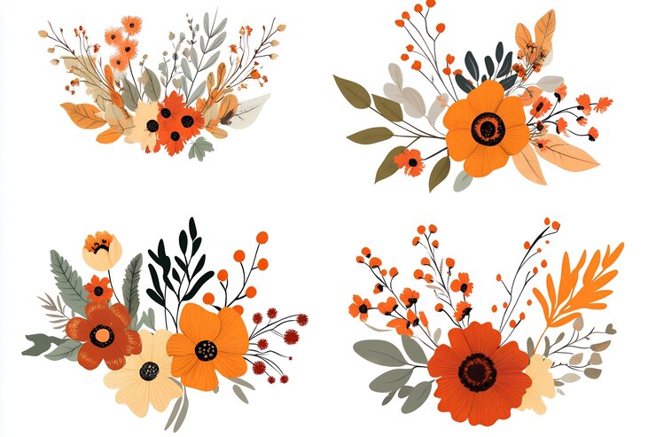 Photo watercolor floral arrangement autumn flowers and leaves bouquet fall botanical painting