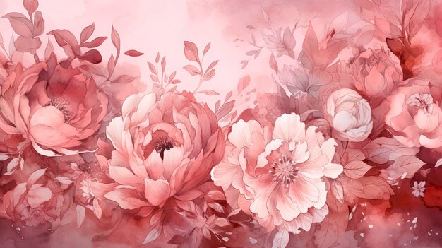 Watercolor floral arrangement and watercolor background on a pink background in the style of trace monotone high resolution light red and light pink generat ai