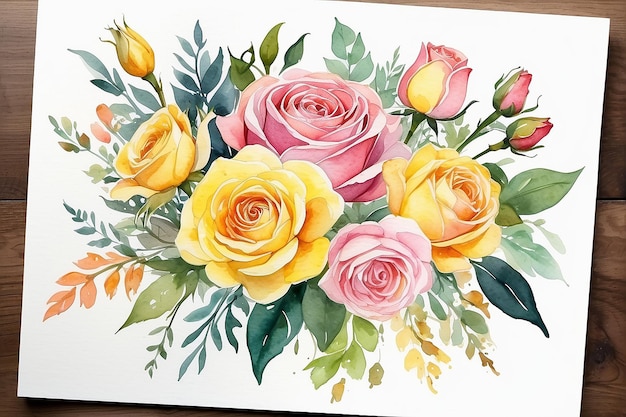 Watercolor floral arrangement watercolor flower bouquet rose pink and yellow for wedding