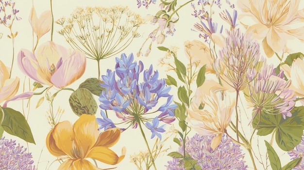 a watercolor floral arrangement with lavender tulips and agapanthus