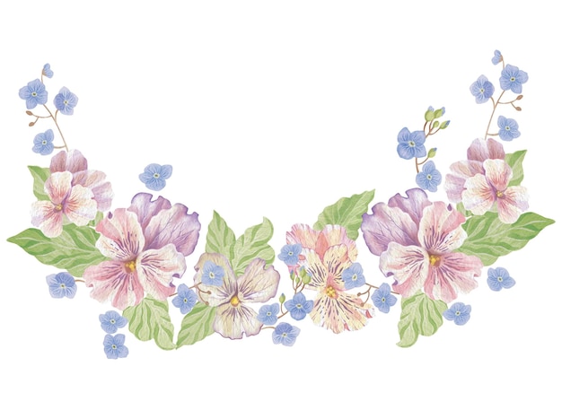 パンシーと青い花の水彩花のアレンジメント