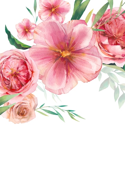 Watercolor floral background design. Pink roses arrangenment template.