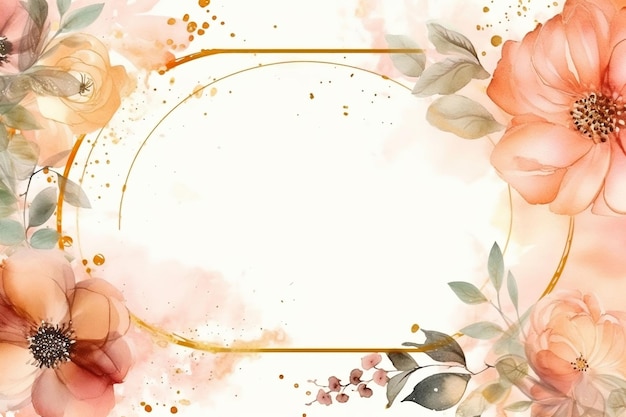 Watercolor floral background with golden frame AI generated
