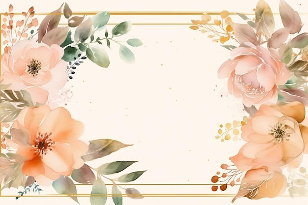 Watercolor floral background with golden frame AI generated