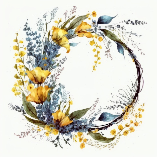 Photo watercolor floral blue and yellow frame illustration ai generative