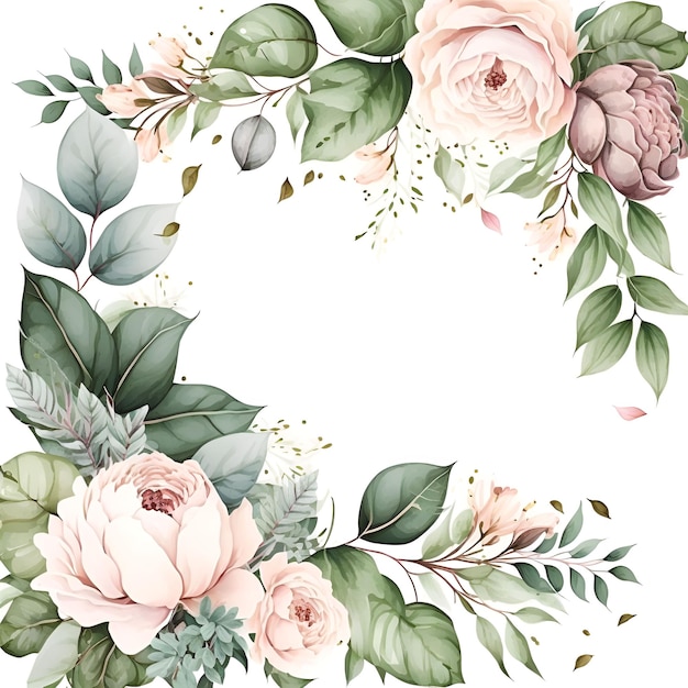 Watercolor floral border green leaves burgundy maroon scarlet pink peach blush white flowers leaf