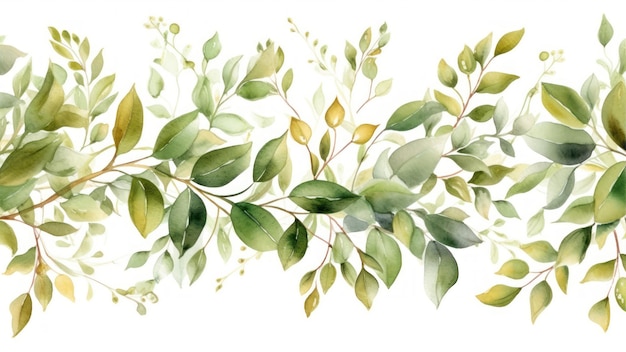 A watercolor floral border with green leaves and branches.