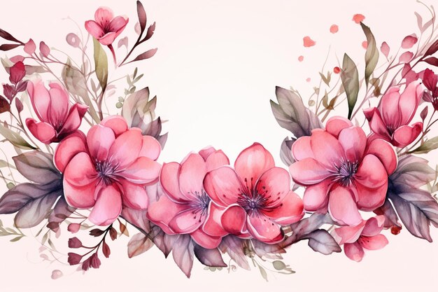 Watercolor floral border with pink flowers and leaves on white background