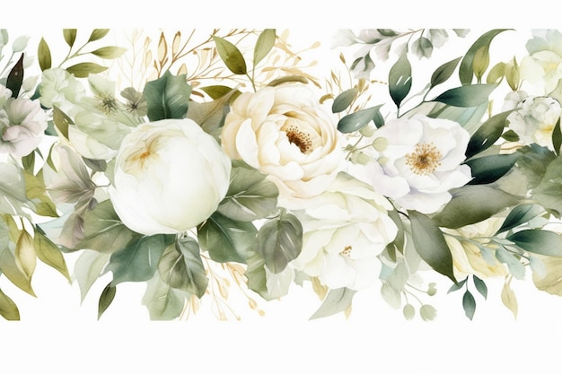 A watercolor floral border with white flowers and leaves.