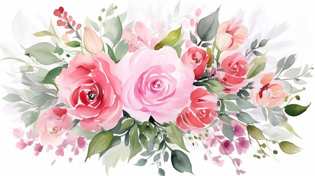 Watercolor floral bouquet illustration with bright pink vivid flowers and green leaves