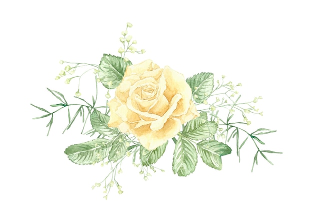 Watercolor floral bouquet illustration with yellow rose and green leaves