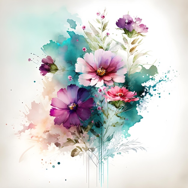 Watercolor floral bouquet pink red violet flowers. Digital art image. Generative AI