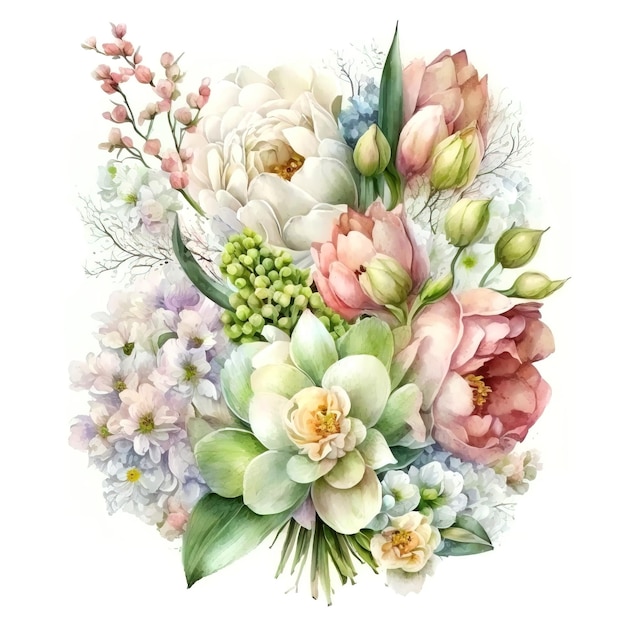 水彩花の花束 春の花 ボタニカル イラスト ジェネレーティブ AI