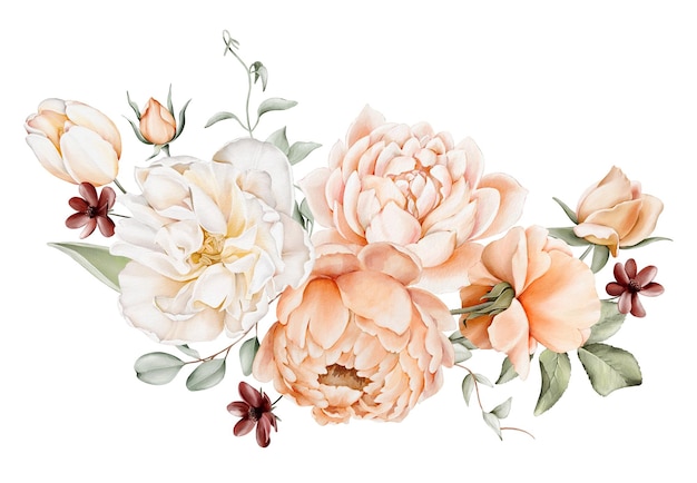 白桃ピンクの花緑の葉の水彩花の花束花輪結婚式招待状記念日誕生日はがき挨拶の白い背景で隔離のイラスト