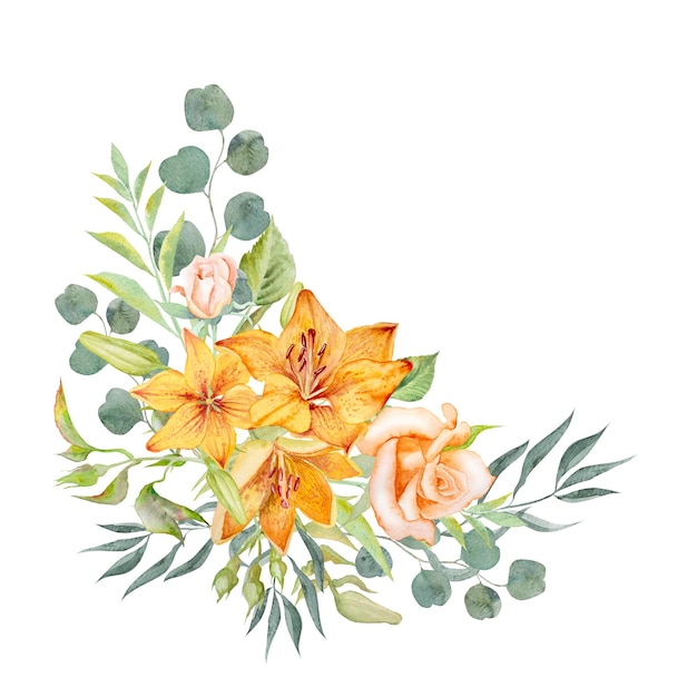 Watercolor floral bouquet with orange lilies roses and eucalyptus leaves