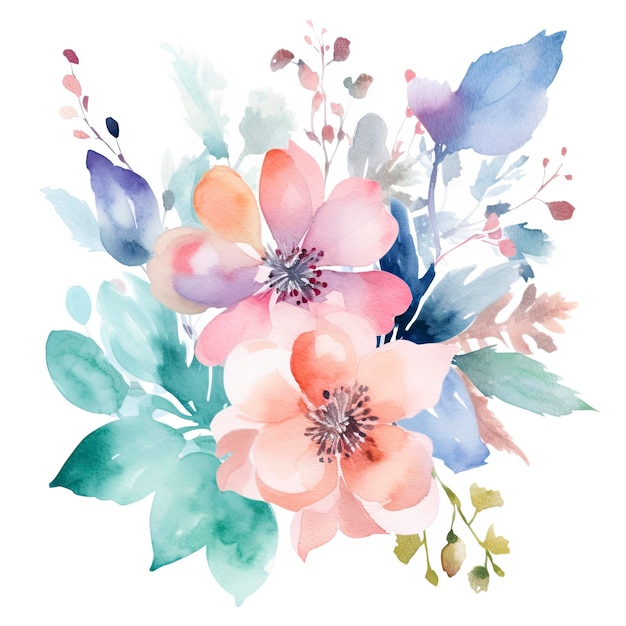 A watercolor floral bouquet with pink flowers.