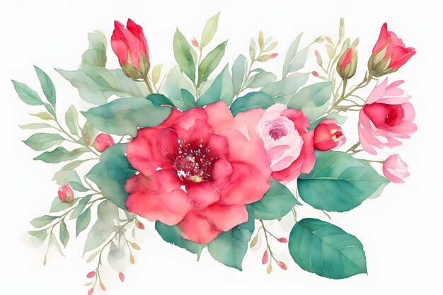 Photo watercolor floral bouquet with roses eucalyptus leaves and branches hand drawn illustration