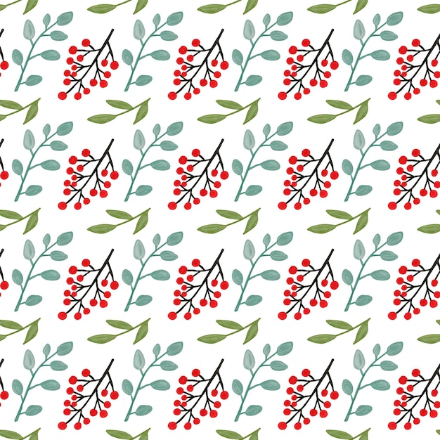 Watercolor floral Christmas holidays background with red berries floral elements and green leaves eucalyptus Christmas watercolor seamless pattern on white background