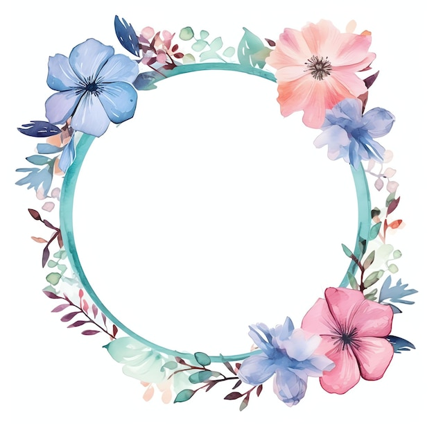watercolor floral circl with white space in the center for text sticker pastel colors