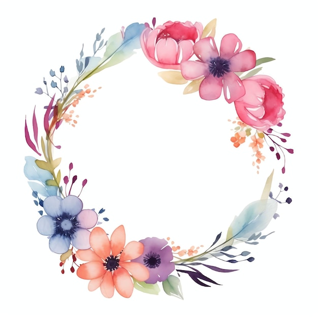 watercolor floral circl with white space in the center for text sticker pastel colors