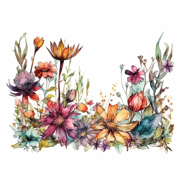 A watercolor floral composition with flowers.