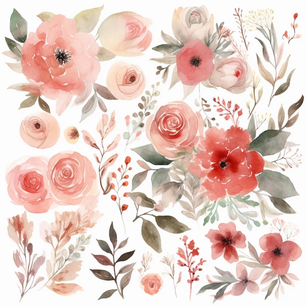 A watercolor floral composition with pink flowers.