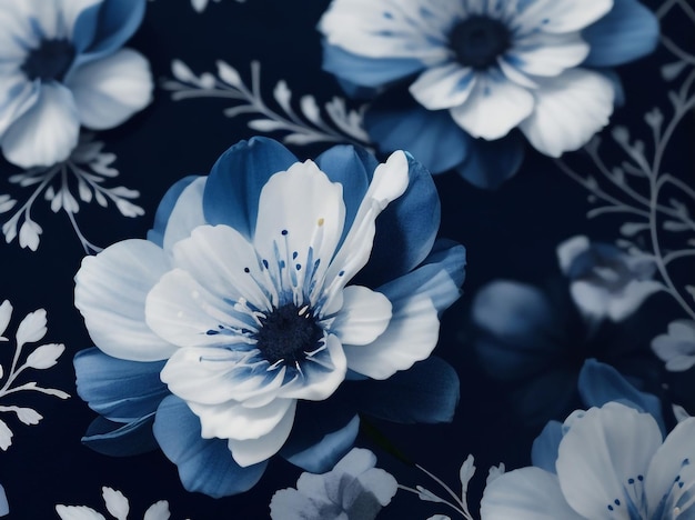 Watercolor Floral in Dark Blue and White Seamless Pattern Version 7