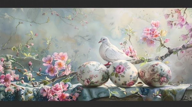 Акварель цветочные яйца и мирный голубь