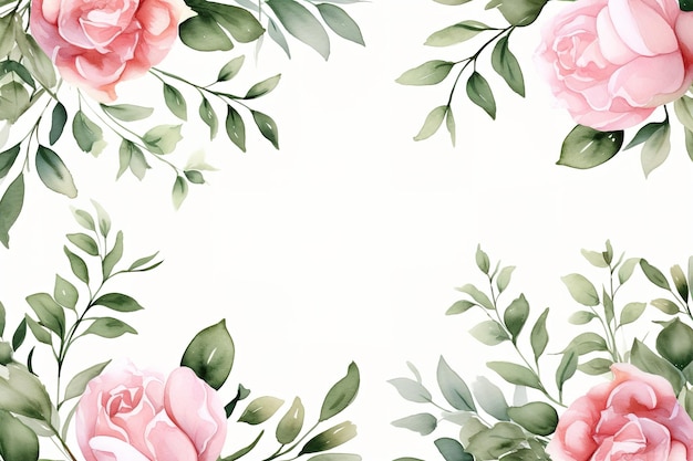 Photo watercolor floral frame border with leaves and roses