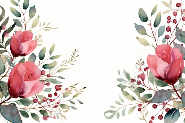 Watercolor floral frame border with leaves and roses