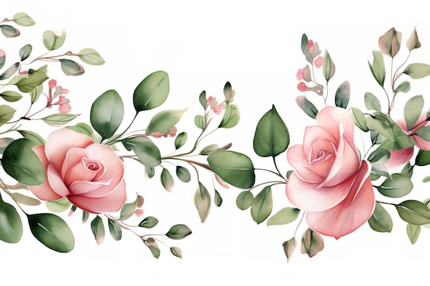 Premium Photo | Watercolor floral frame border with leaves and roses