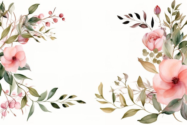 Watercolor floral frame border with leaves and roses