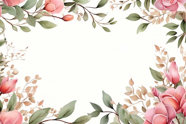 Watercolor floral frame border with leaves and roses