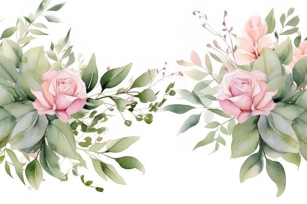 Watercolor floral frame border with leaves and roses