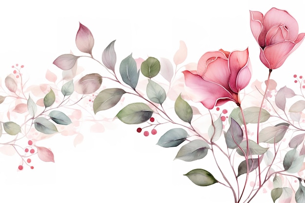 잎과 장미 수채화 꽃 프레임 테두리