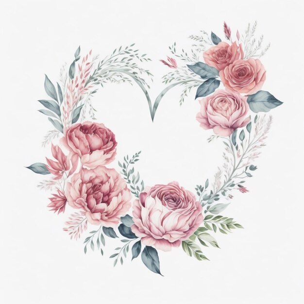 Watercolor floral frame love shape floral frame AI generated