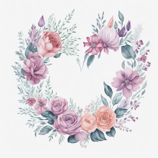 Watercolor floral frame love shape floral frame AI generated