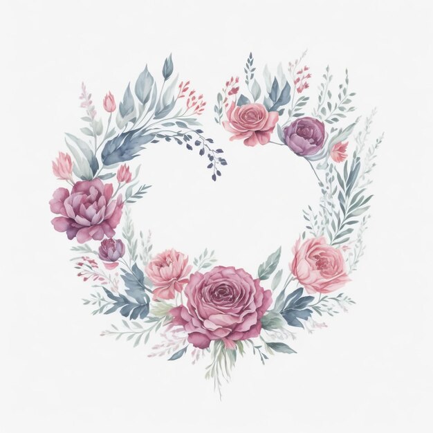 Watercolor floral frame love shape floral frame AI generated