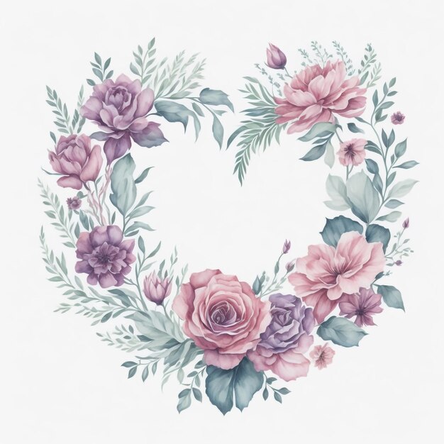Watercolor floral frame love shape floral frame AI generated